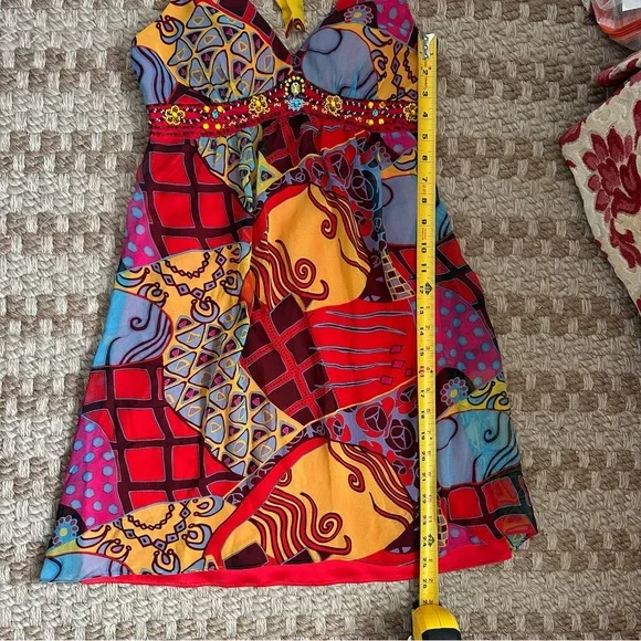 Sue Wong vintage VTG 100% silk flowy halter top Y2K beaded dress bright colors - Picture 12 of 13